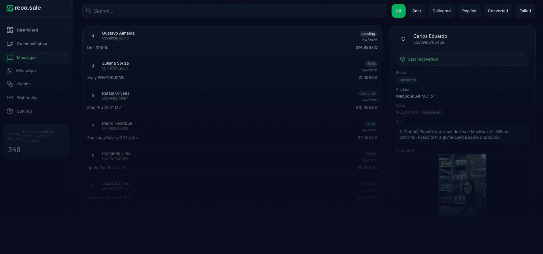 reco.sale - Messages Dashboard
